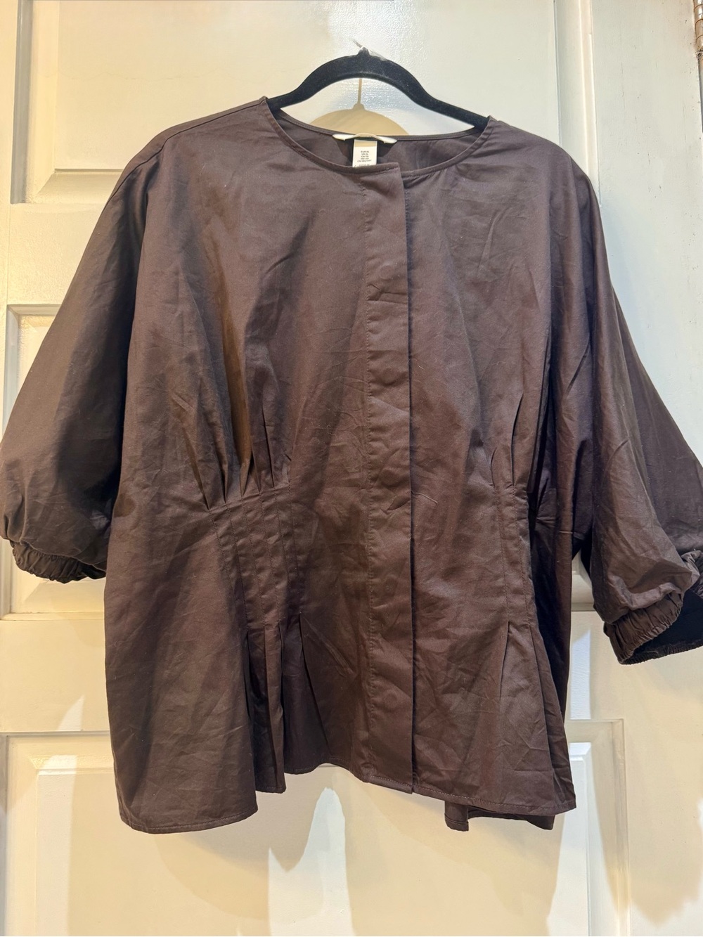 H&M Brown Top with Waist Gathering and Puff Sleeves